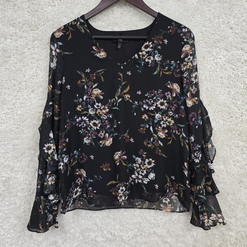 IZ Byer Womens Floral Ruffle Sleeve Blouse Black Size M Cottagecore Grunge